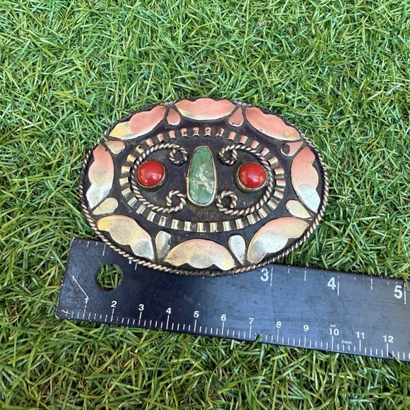 Vintage Alpaca Mexico Oval Turquoise Coral Belt Buckle Western Cowboy Boho - Picture 5 of 6